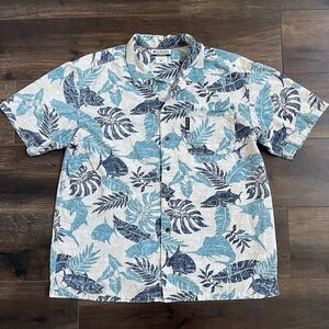 Columbia Shirt Men’s Size Large Blue Fish Print Short Sleeve Button Up